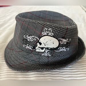GRANULE CHARCOAL GRAY BLACK Plaid Skull Head Hat Unisex Grunge Goth Retro Fedora